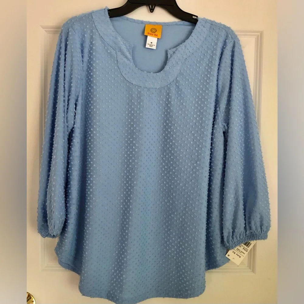 Ruby Rd. Horseshoe Neck Blue Swiss Dot 3/4 Lantern Sleeve Size Medium Fresh Tak - Picture 1 of 9